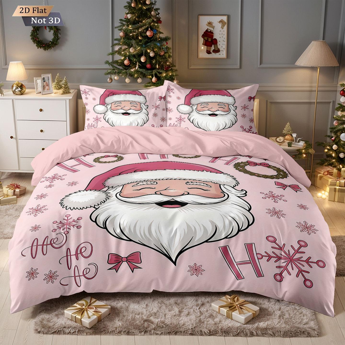 

3pcs pink Santa Claus printed coreless down duvet cover in multiple sizes soft bedroom bedding decoration machine washable 135x200cm-EU-Single&set