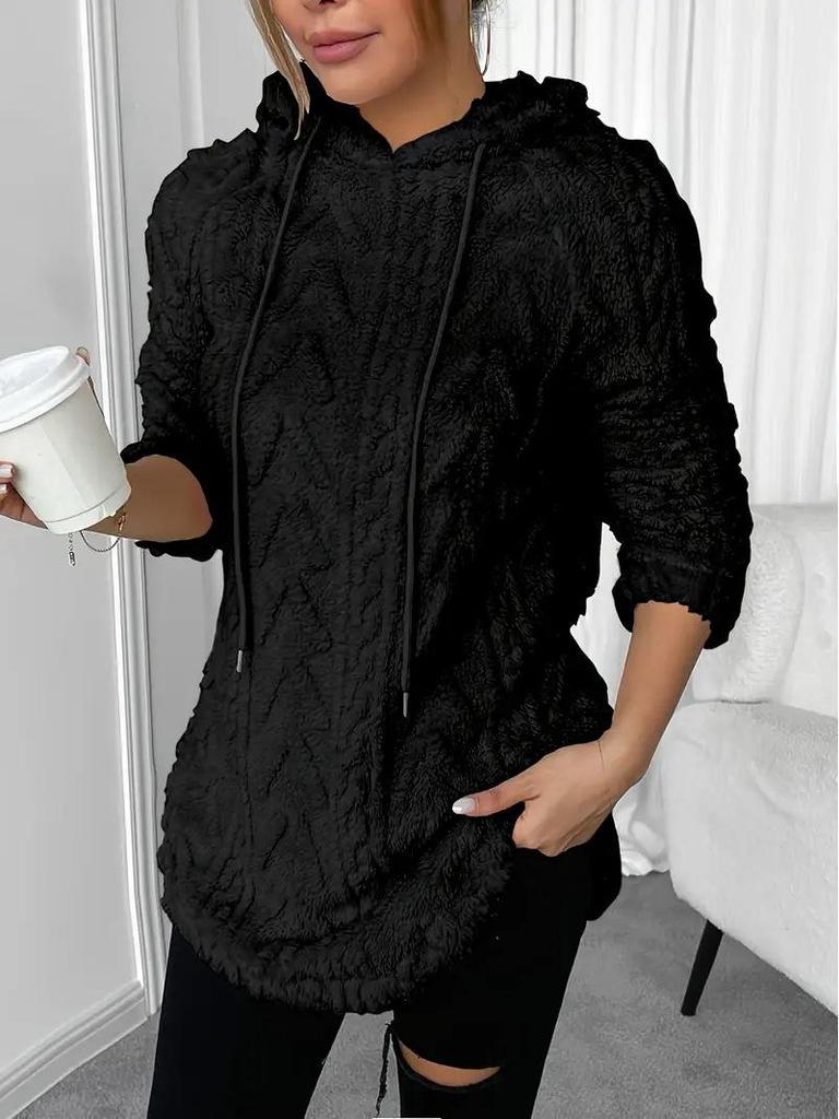 2025 Women's Solid Color Hooded Jacquard Slim Sweatshirt Jacket with Drawstring