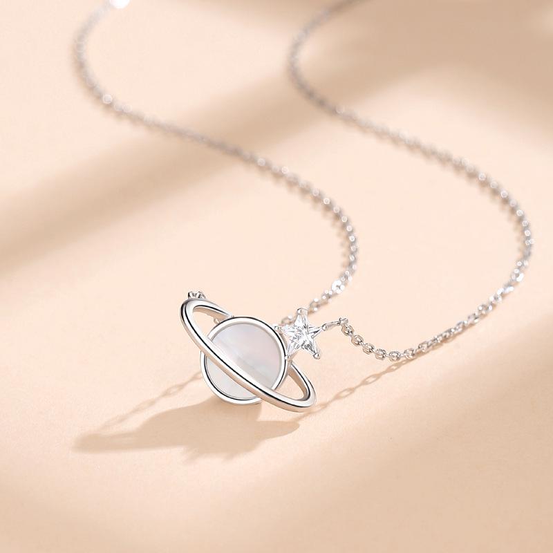 

S925 Silver Dream Planet Pendant Necklace with Mother-of-Pearl for Women 925 Silver