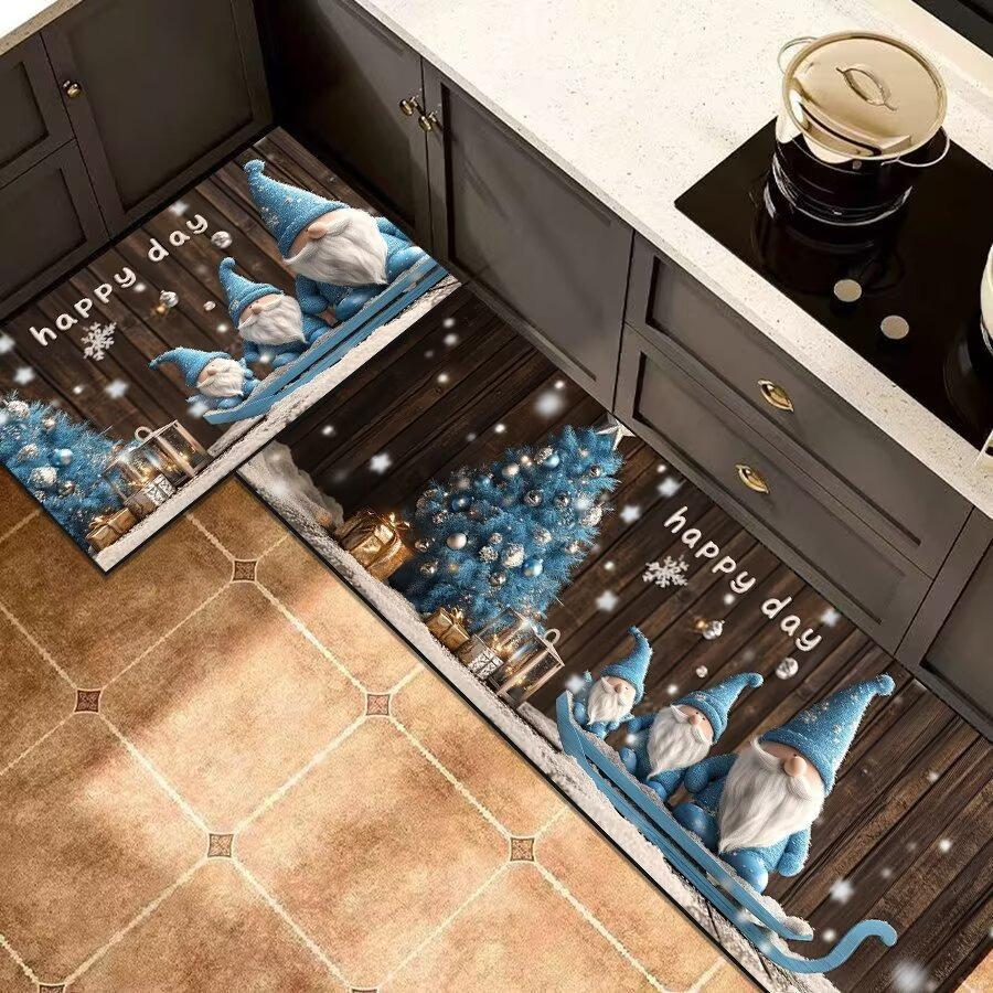 Christmas Santa Kitchen Mat Set, 2-PC Absorbent Non-Slip Floor Rugs for Holiday Decor