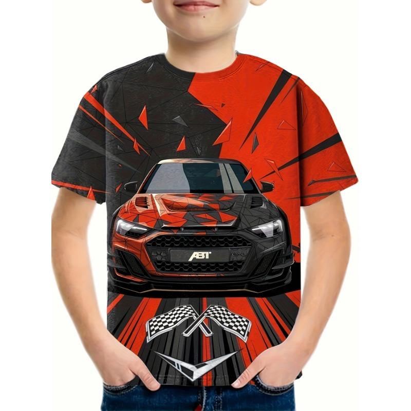 Mode Rennwagen Muster 3D-Druck Jungen Kreatives T-Shirt Lässig Leichtes Kurzarm Rundhals T-Shirt Tops Kinderkleidung Sommer
