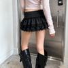 New Arrival: European & American Spicy Girl Low Waist Gray Mini Skirt with Bow & Lace Trim