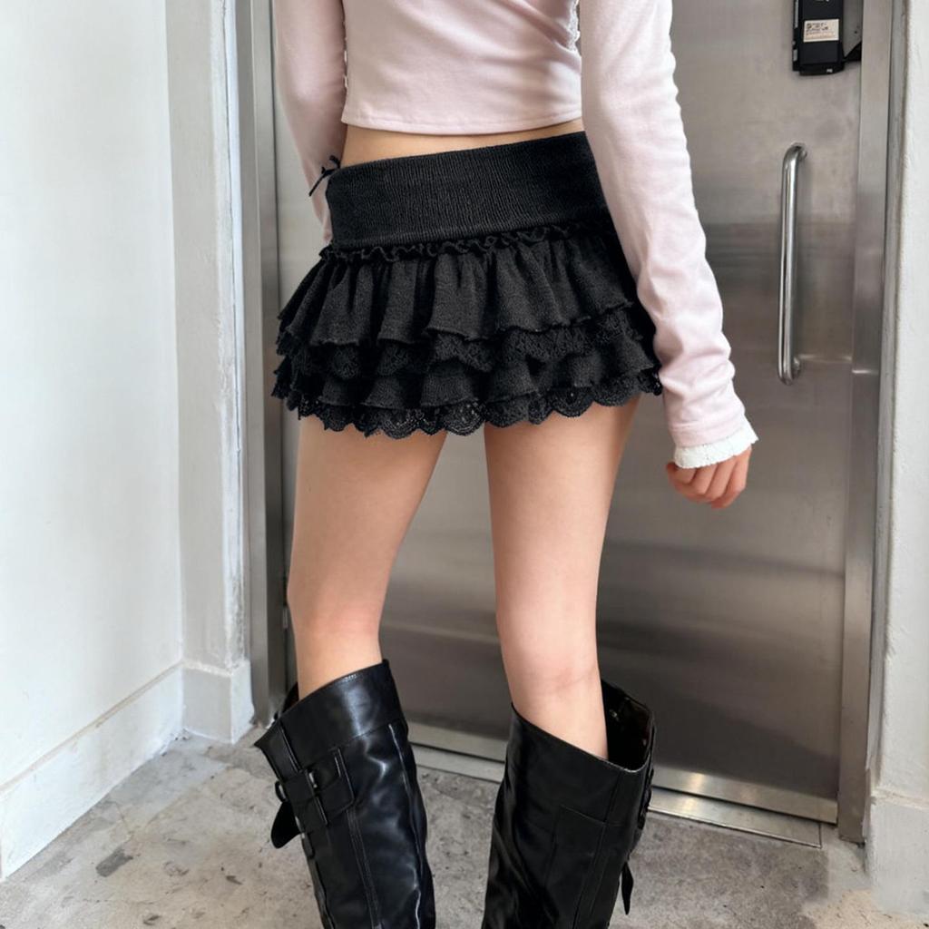 New Arrival: European & American Spicy Girl Low Waist Gray Mini Skirt with Bow & Lace Trim