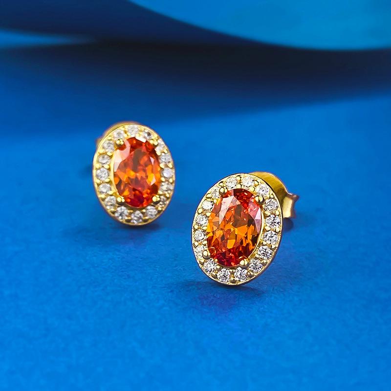 Xiancan 925 Silver Gold-Plated Fanta Orange Oval Stud Earrings, European & American Style, Simple & Versatile Fashion.