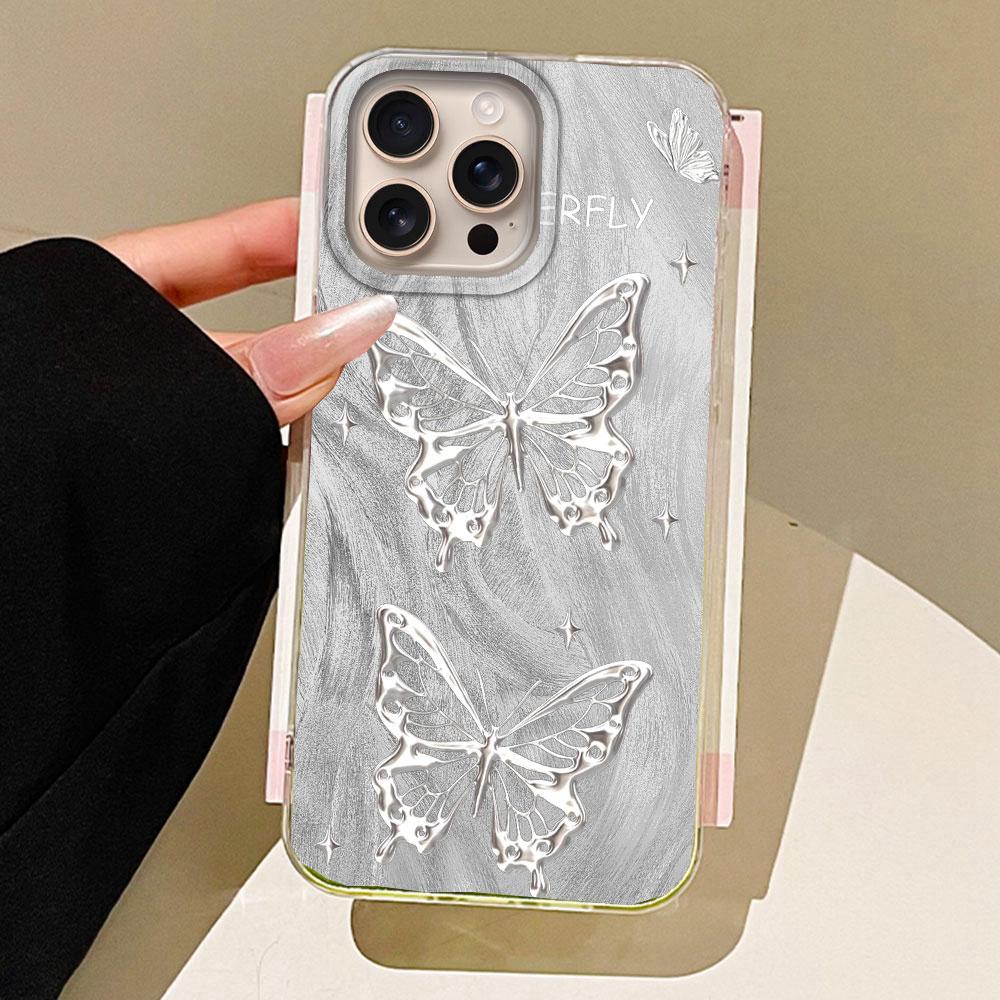 Laser Silver Butterfly Feather Texture Women Phone Case for iphone 16 15 14 7 8 Plus 13 11 12 Pro Max X XS XR SE 2022 16e Cover