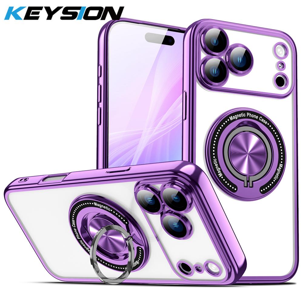 KEYSION Plating Transparent TPU Magnetic Case for MagSafe for iPhone 16 17 Pro Max 17 Air PC Ring Stand Lens Protect Phone Cover