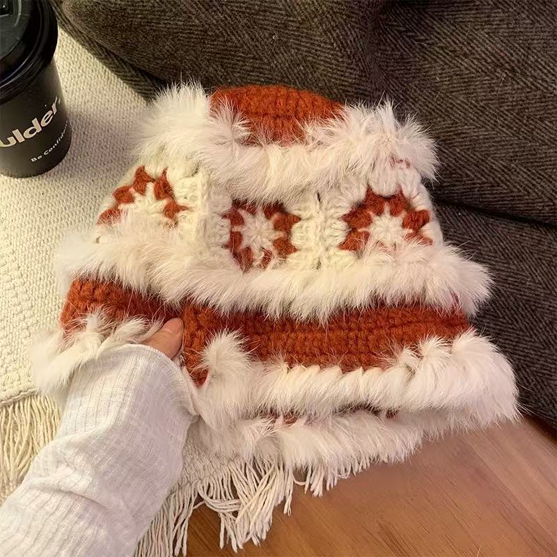 Wool Hat For Women With Faux Rabbit Fur Warmth And Foldable Design For Winter Comfort