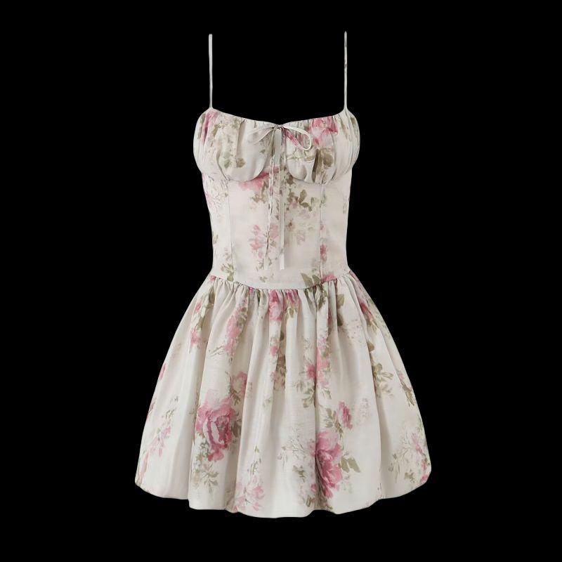 

MA/Gray Green Bottom Pink Rose Sweet French Retro Oil Painting Print Princess Bud Skirt Mini Sling Dress Gray Green Pink Rose(High quality) L