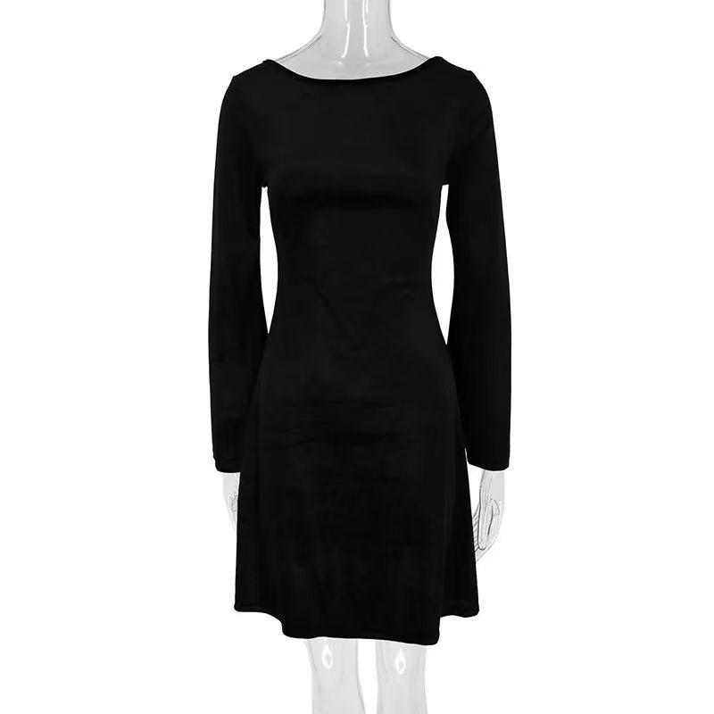

Fashion Wind New Sexy Backless Slim Fit Long Sleeves Dress Sexy Lace up Backless Dress Black S