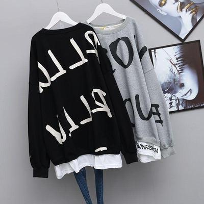 Pulovry s kulatým výstřihem Falešné dvoudílné Patchworkové Ležérní Nadměrné Korejský styl Dlouhý rukáv Streetwear Dámské Podzimní Mikiny