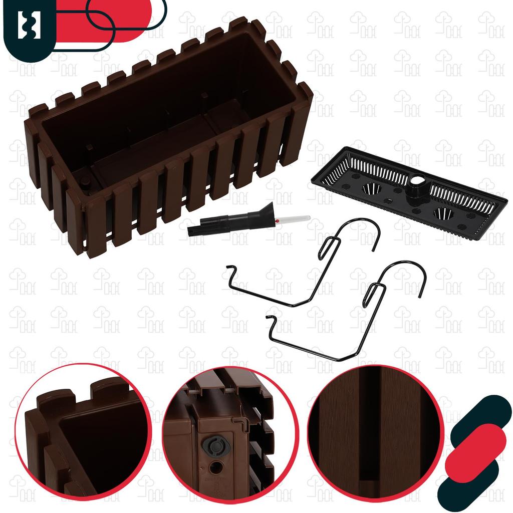 Flowerpot Balcony Terrace Box with Hooks Irrigation System Brown 40cm