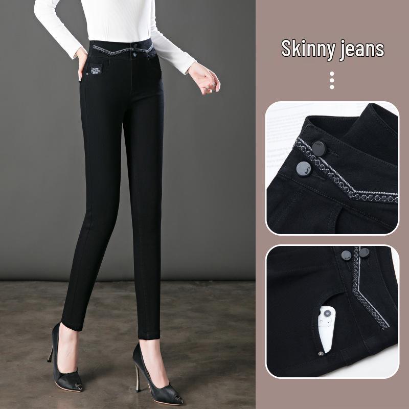 Dámské zeštíhlující černé džíny s vysokým pasem - Jaro 2024, Elastické kalhoty tužkového střihu ve větších velikostech