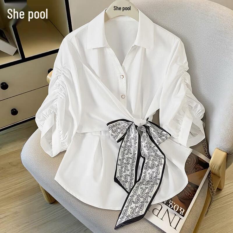Women s French Style Waist-Cinching White Shirt M
