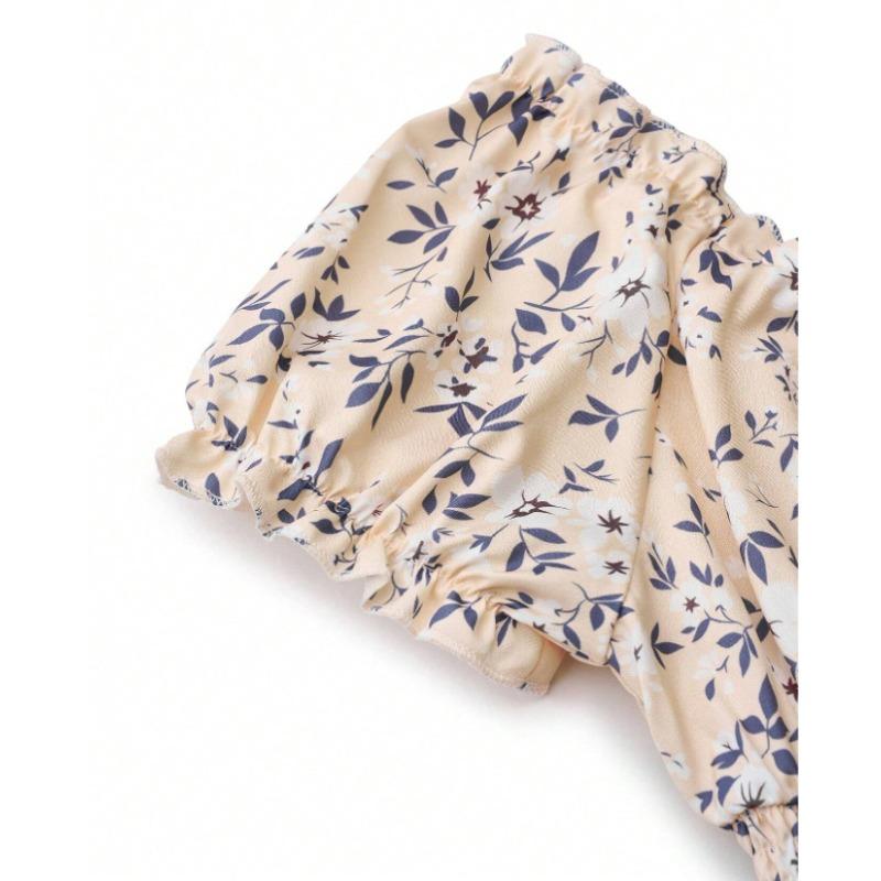 אופנה נשים קיץ אביב דפוס פרח דפוס הדפסה שרוולים קצרים צווארון V גבוה מותן שמלות קז'ואל