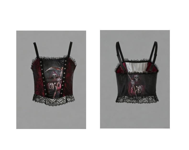 Tmavá gotická potisk Bůh smrti Krajková patchworková tílka - Rychlé doručení Hot Girl Crop Top
