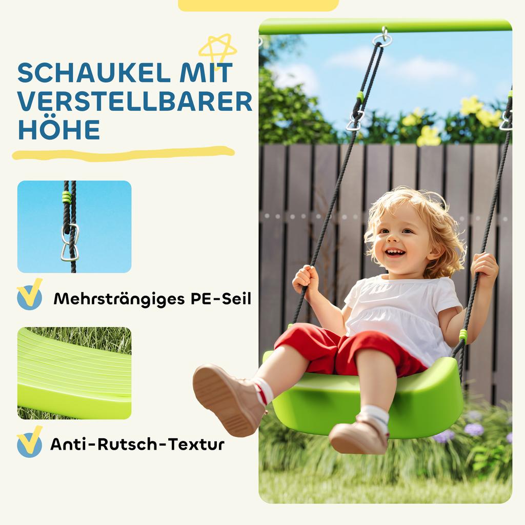 3-in-1 Swing Set, Play Tent, Swing, Gymnastic Rings, Metal, Plastic, Green