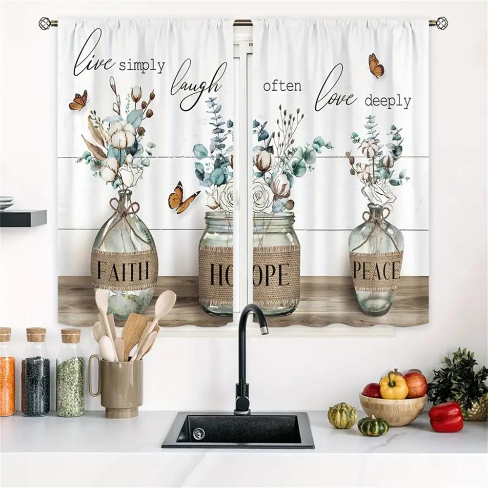2pcs Farmhouse Kitchen Curtains Rustic Country Short Fork Spoon Knife Savor Vintage Window Treatment For Bedroom Living Room