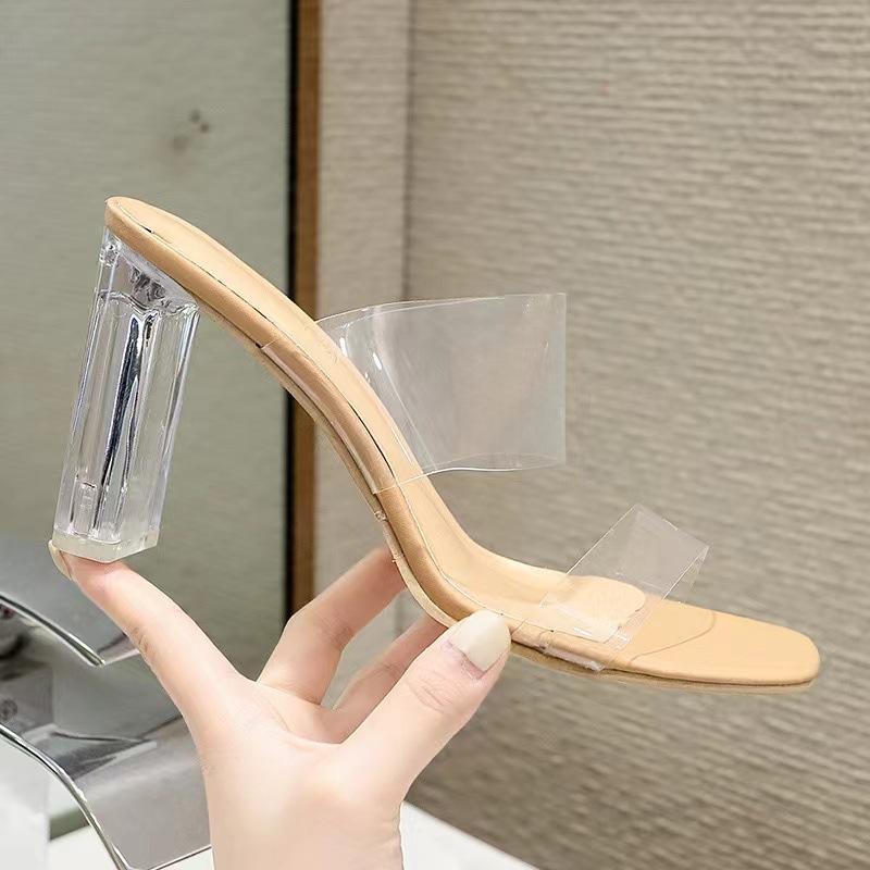 New summer transparent heel high heel thick heel simple PVC cool slippers one word with open toe women's shoes
