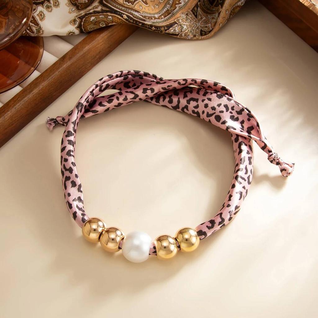 Ingemark 6 Colors Elegant Leopard Print Chiffon Silk Chokers Necklace Women Retro Imitation Pearl Clavicle Chain Party Jewelry