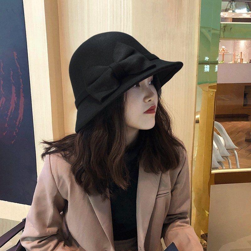 Top Hat Female Autumn and Winter Hipster Retro Wool Dome Bow Celebrity Fashion Outdoor Thermos Hat
