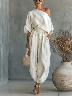 Conjunto Feminino de Blusa Lisa Ombro a Ombro Solta e Calças no Tornozelo, Conjunto Minimalista Relaxado Feminino