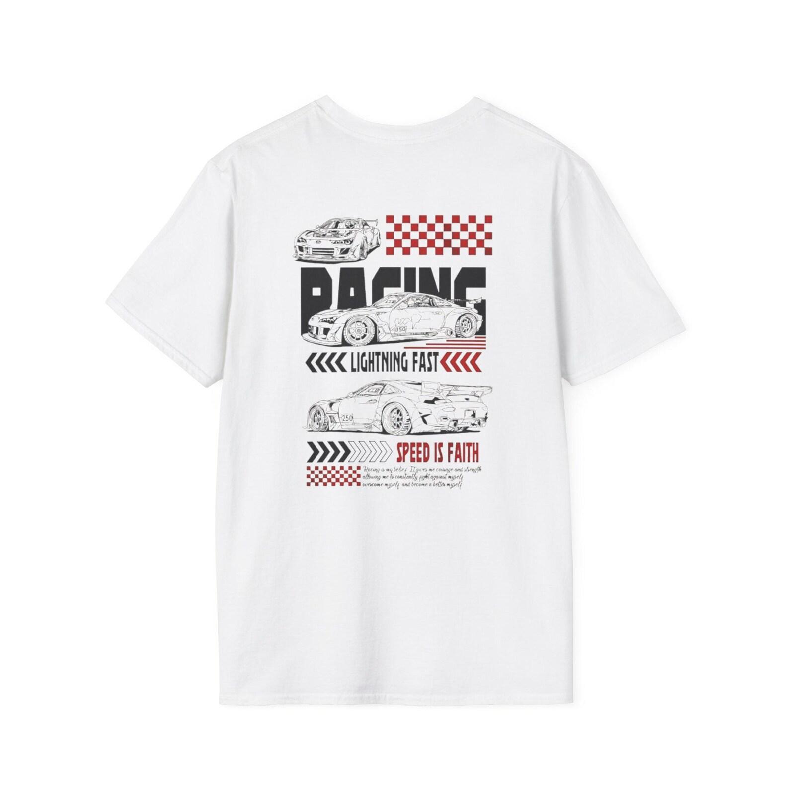 Blank White T-Shirt with Cars and Red Graphic S