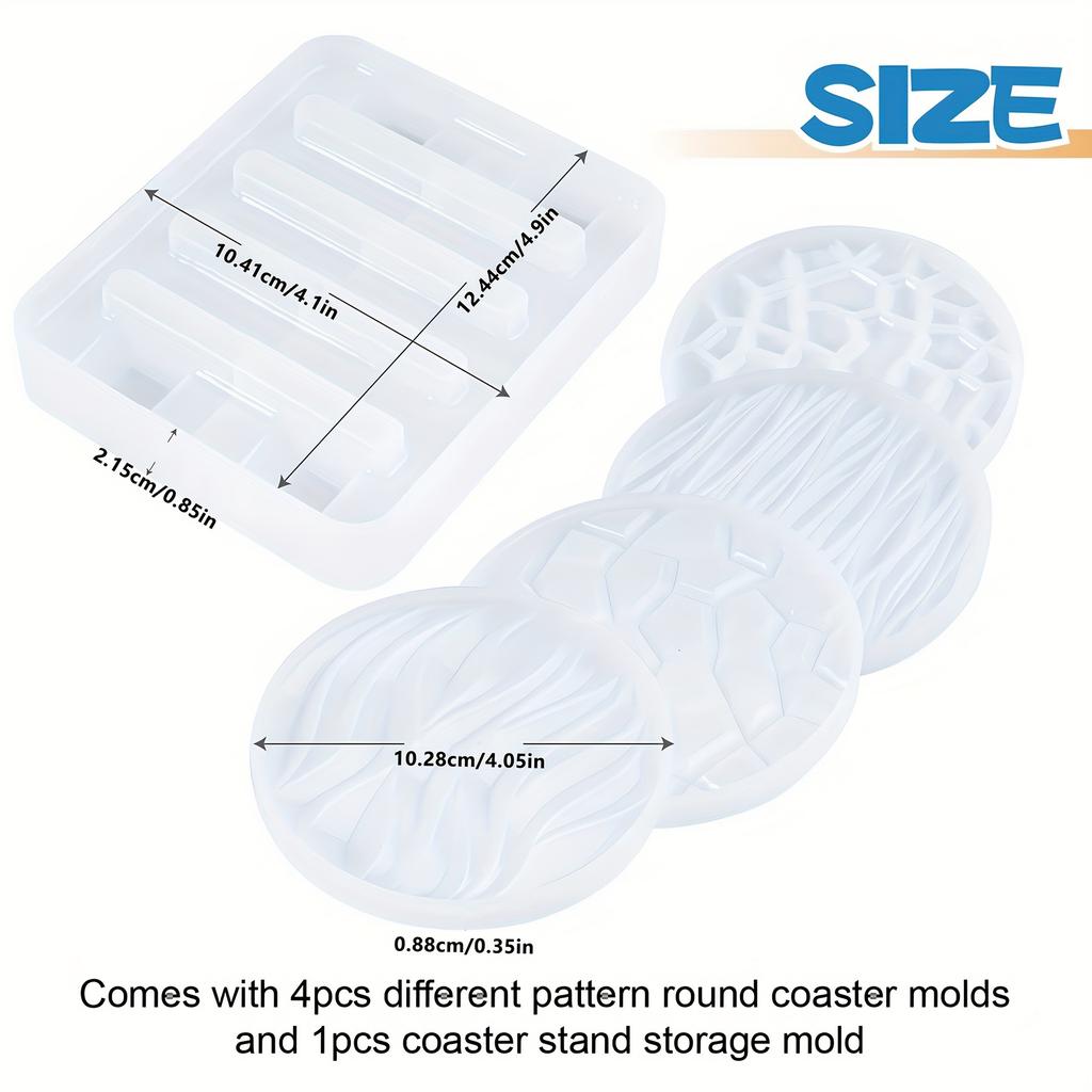 5 ks Pryskyřičná forma na podtácky, 4 ks Unikátní kulatá forma na pryskyřici s vlnami na podtácky, Epoxidová pryskyřice Lití Různé vzory s držákem, Silikonové formy na podtácky