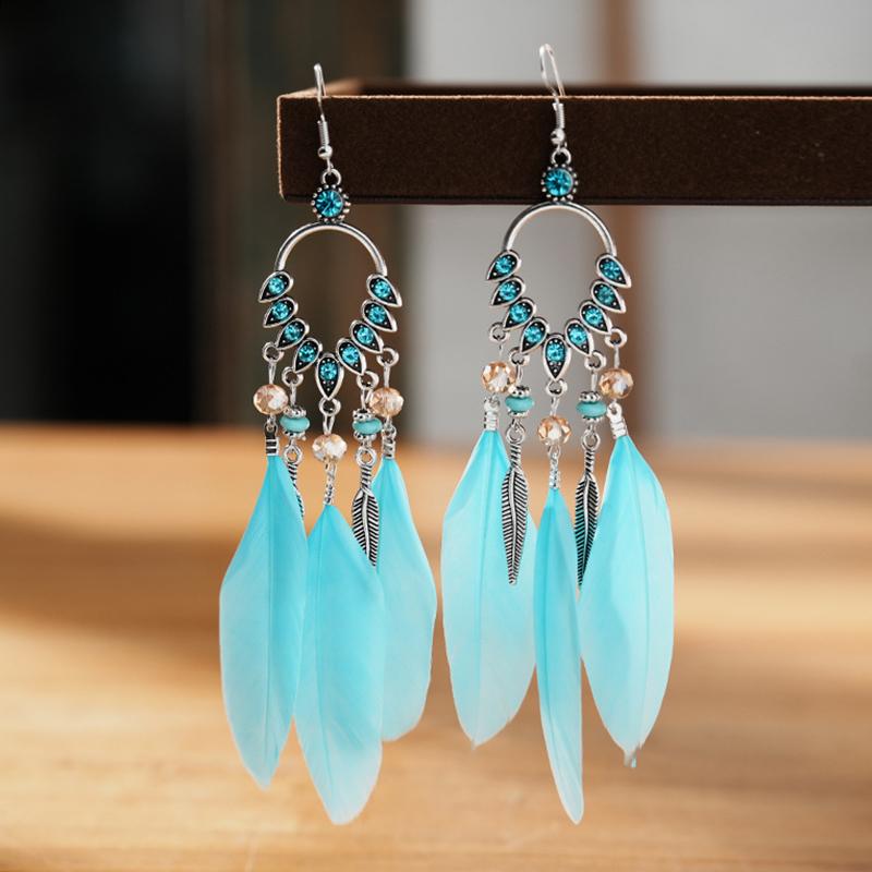 Modische Böhmische Bunte Federohrringe für Damen Ethnischer Stil Lange Geometrische Ohrringe Damen Schmuck Accessoires Geschenk