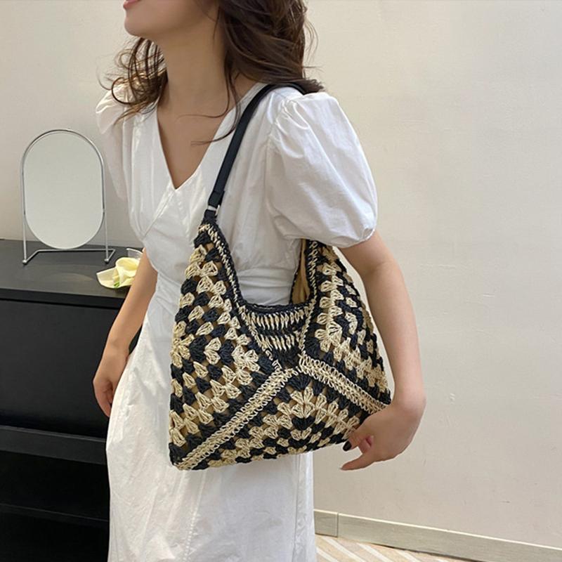 Women's Woven Straw Shoulder Bag Medium Size Handbag With Handle For Beach Vacation
