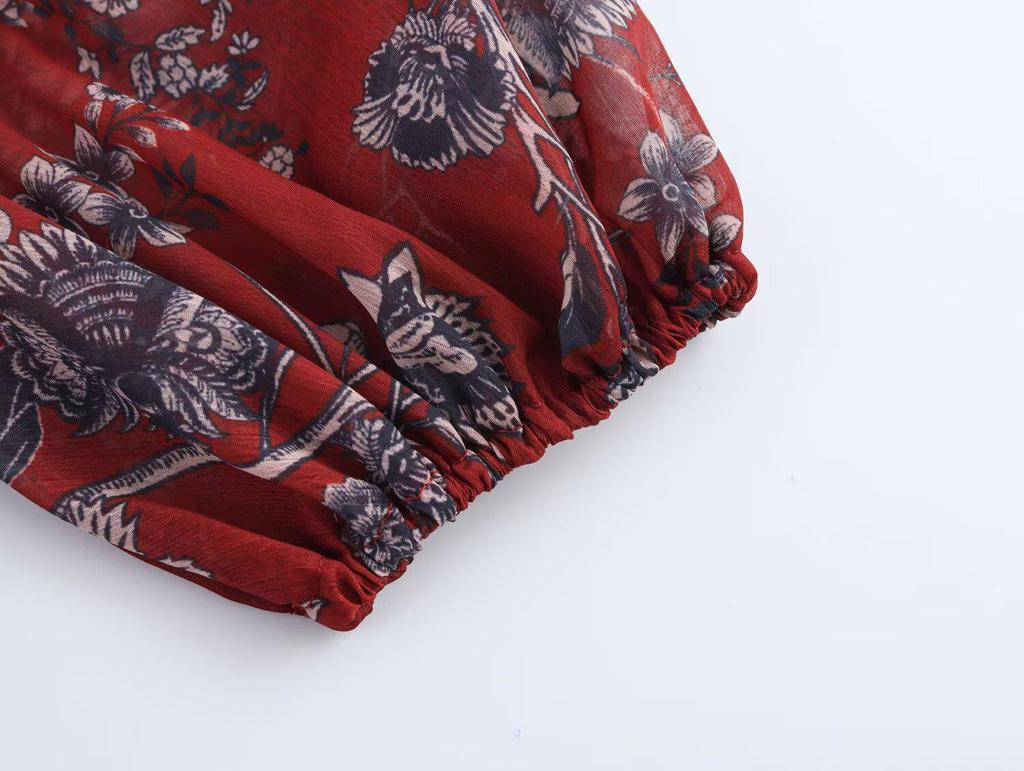 2025 Spring Women's Printed Round Neck, Fitted Waist Top - European & American Fashion Style