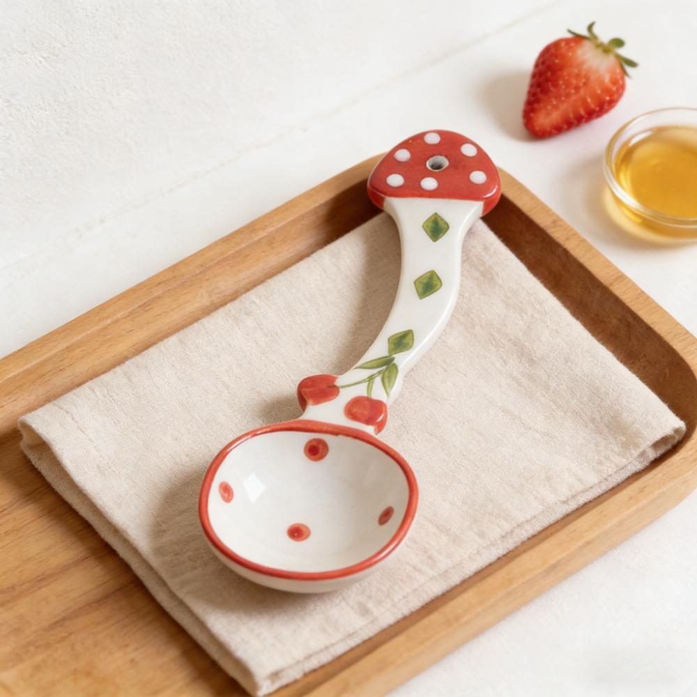 Underglaze Colored Ceramic Spoon Cute Christmas Cherry Scoop New Kitchen Cooking Utensil for Dessert Soup Long Handle Soup Spoon