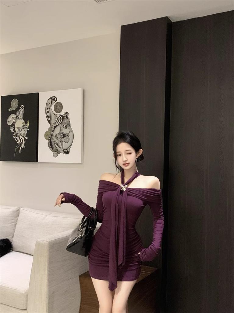 Neck Purple Long-sleeved Dress Women's Autumn and Winter Pure Desire Sexy Hip-wrapped Mom Skirt One-word Shoulder Celebrity Inner Skirt
