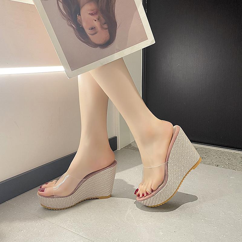Fashion Shoes Transparent Slippers On A Wedge Slides Platform Women Heels Summer Soft High Rome Slippers Women Summer On A Wedge Transpa