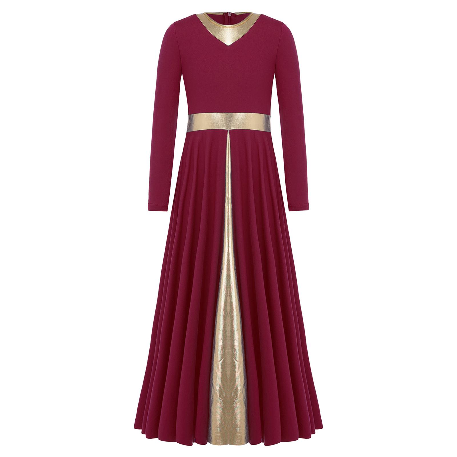 

Girls Metallic Color Block Patchwork Maxi Dress Long Sleeve Round Neck Invisible Zipper Church Dance Robe 5-6 Years бордовий
