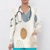 Women Plus Size Scrub Top V Neck Long Sleeve Abstract Botanical Print Front Pockets Medical Work Top