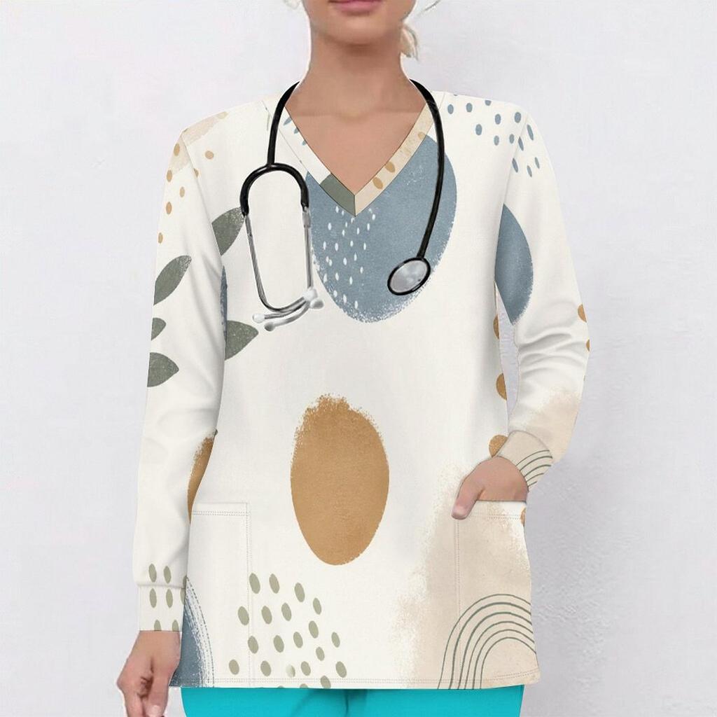 Women Plus Size Scrub Top V Neck Long Sleeve Abstract Botanical Print Front Pockets Medical Work Top