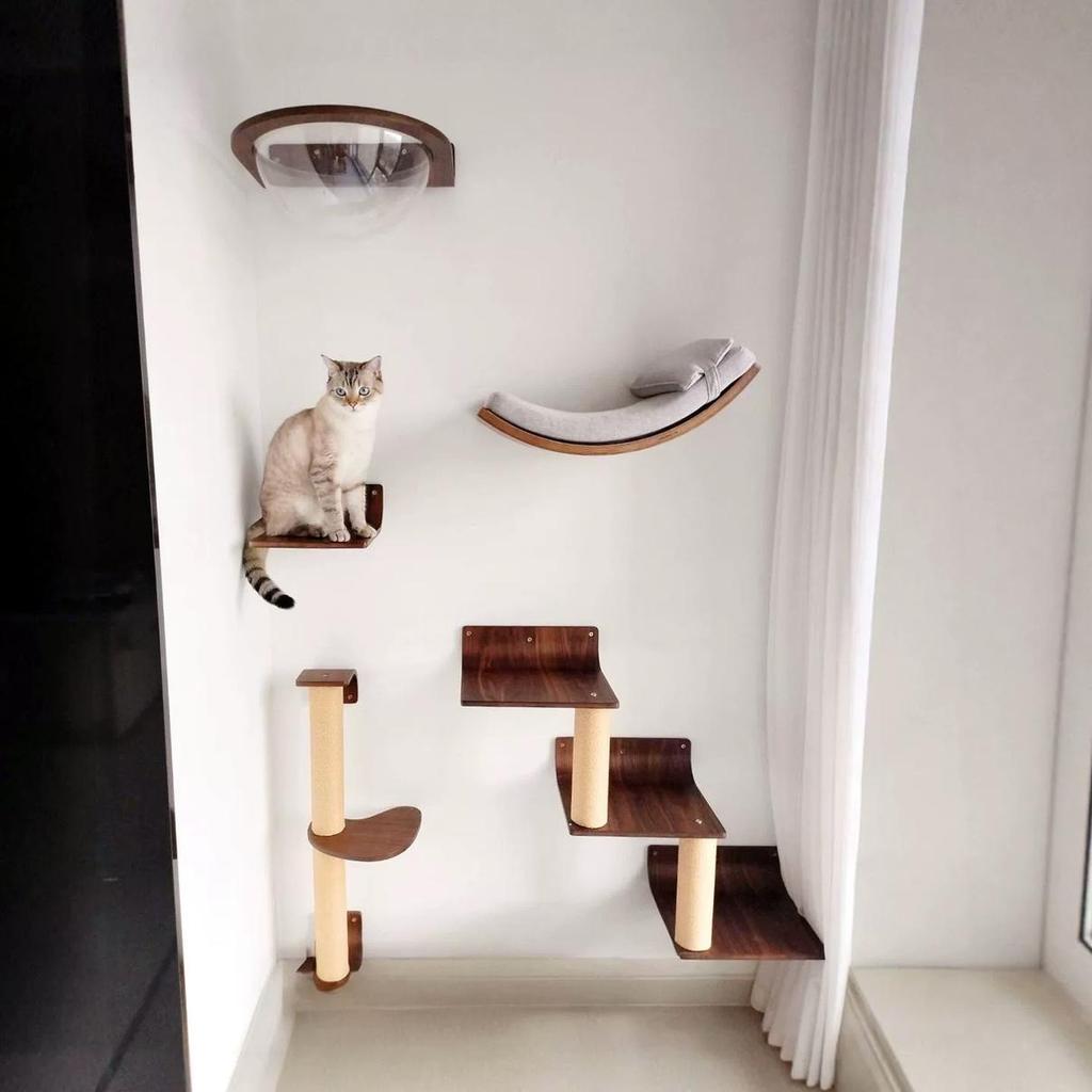 Cat Wall-Mounted Set with Hammock Stairs and Cat House Pet Furniture Accessory for Strolling and Play
