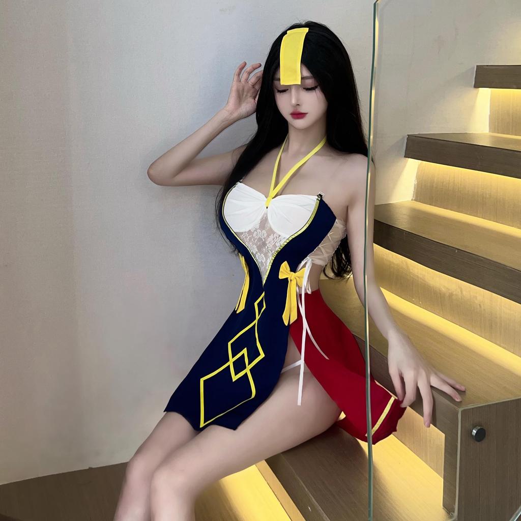 Jiangshi Sexy Cosplay Zombie Chinese Style Little Devil with Bill Horror Bare Shoulder Costume Erotic Temptation Extreme Lingerie 5 Piece Set One Size