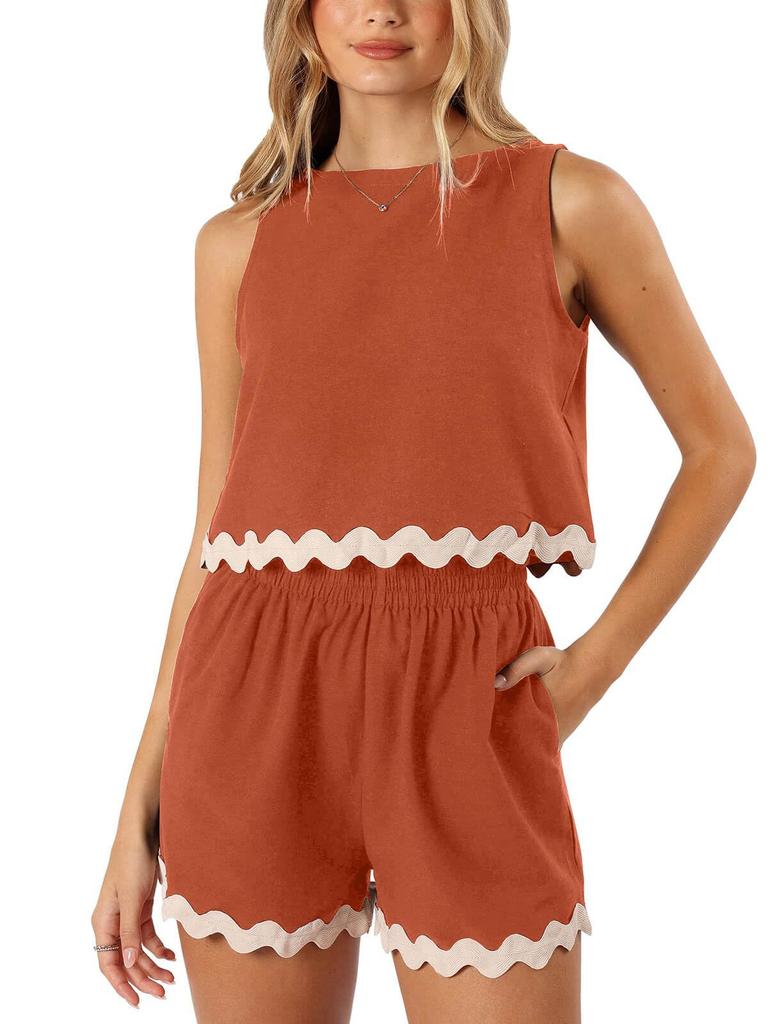 Women's Sleeveless Romper Shorts Set with Wave Hem in 6 Colors
