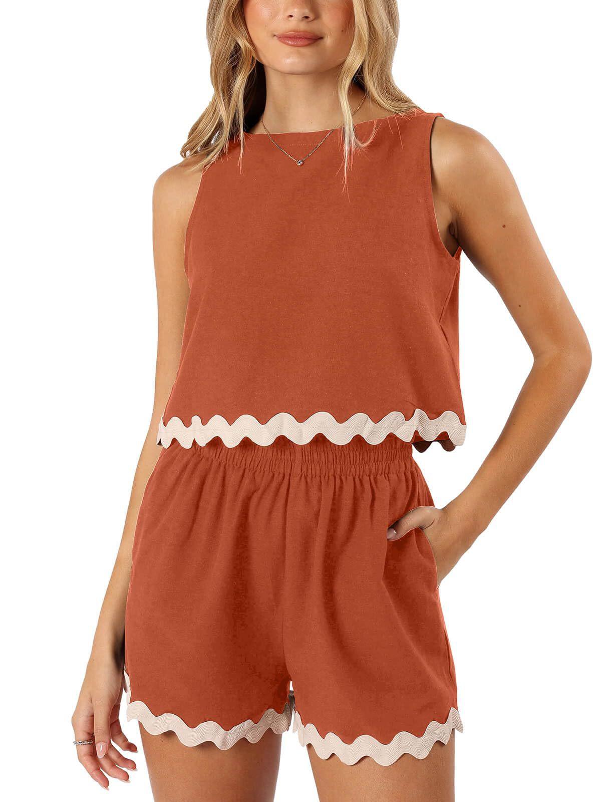 

Women s Sleeveless Romper Shorts Set with Wave Hem in 6 Colors S