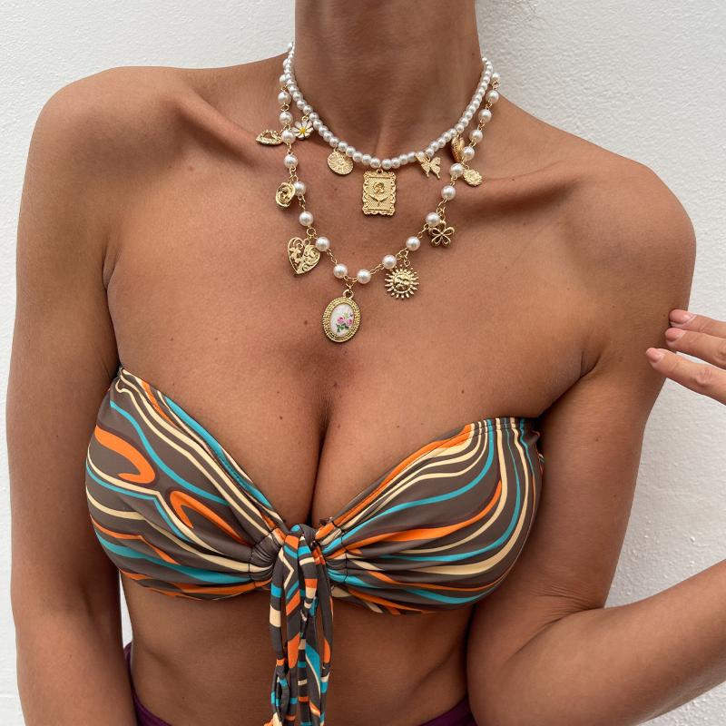 2Pcs/Set Sunflower Heart Geometric Pendant Necklace For Women Luxury Imitation Pearl Chain Necklaces French Palace Jewelry