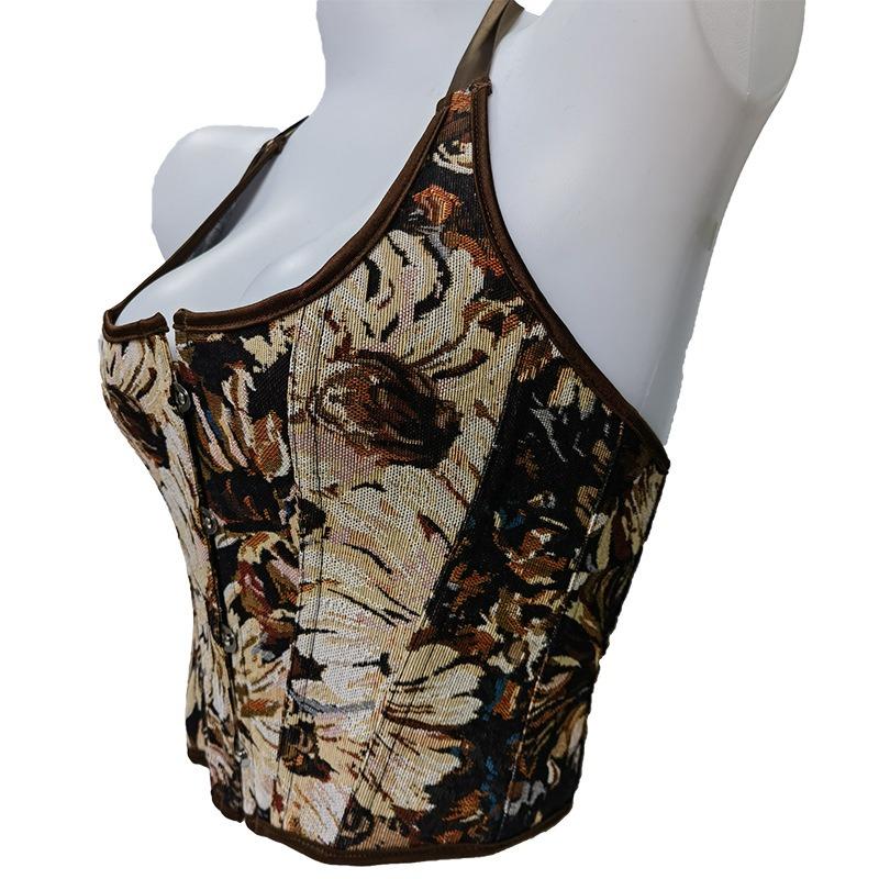 Vintage Floral Tapestry Halter Neck Corset Top With Front Closure