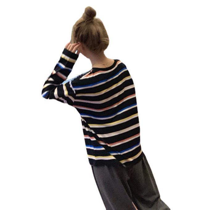 Women's Contrast Stripe Long-Sleeve T-Shirt - Autumn 2025 Korean Loose Casual Style