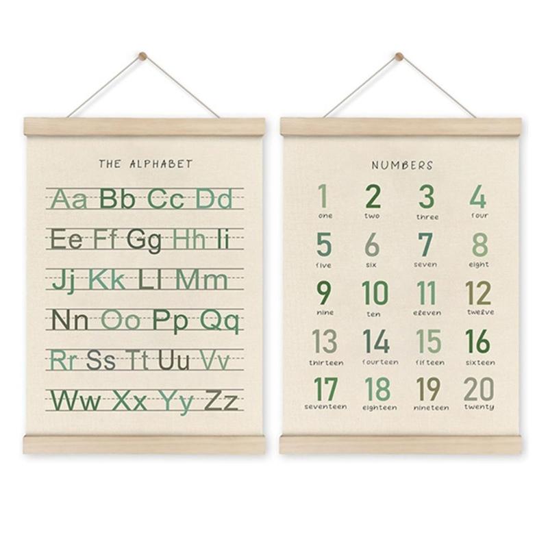 2Pieces Toddler Learning Alphabets and Number Posters with Wood Hanger Frame for Classroom and Playroom Nursery Decors