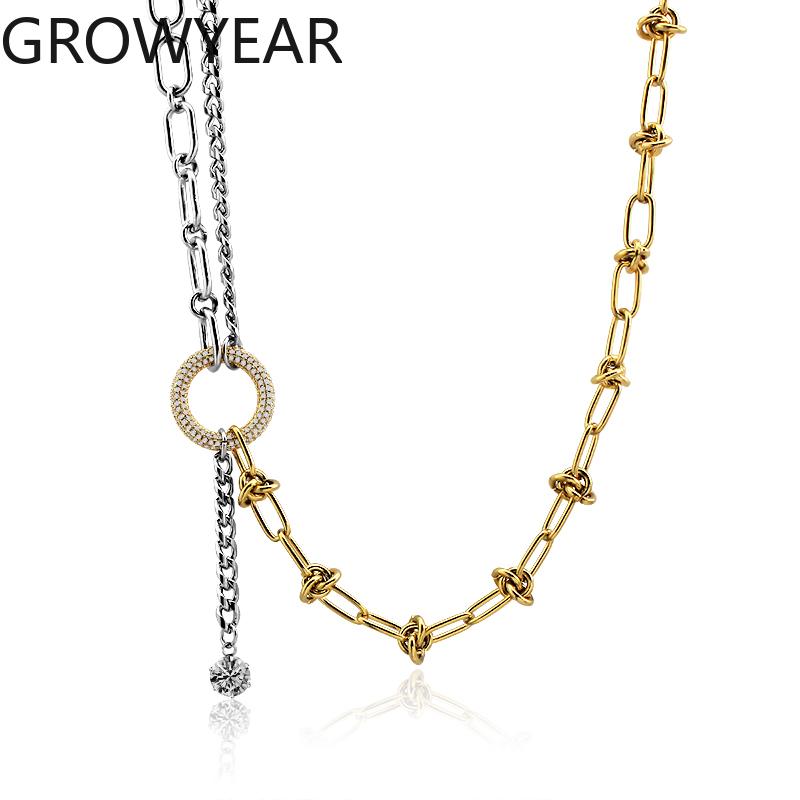 Fashion Gold Silver Match Plated Asymmetric Necklace for Women Stackable Stainless Steel Necklace with Zirconia