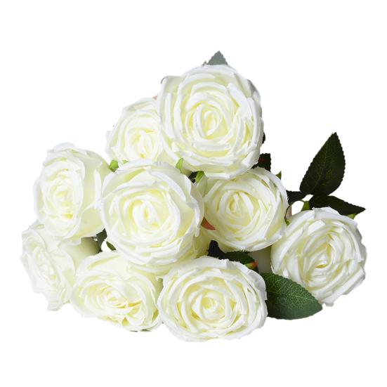 10 Heads Artificial Rose Flower Realistic Faux Silk Long Stem Rose Bouquet with Leaf for Home Kitchen Office Wedding Party Decoration