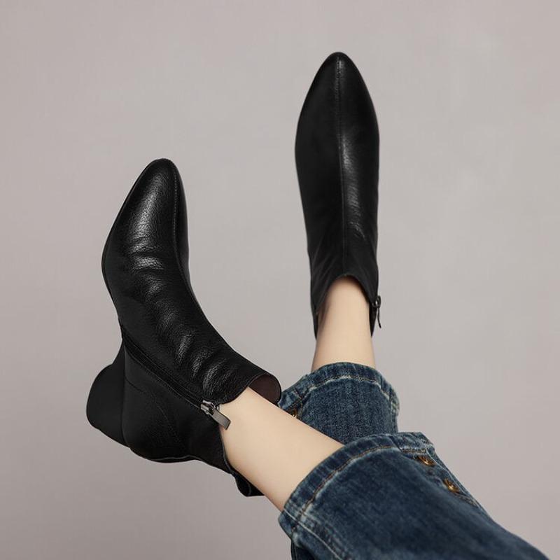 Soft Leather Short Boots Women's New Autumn and Winter Cotton Boots Slope Heel Middle Heel Ankle Boots Bare Boots Velvet Warm