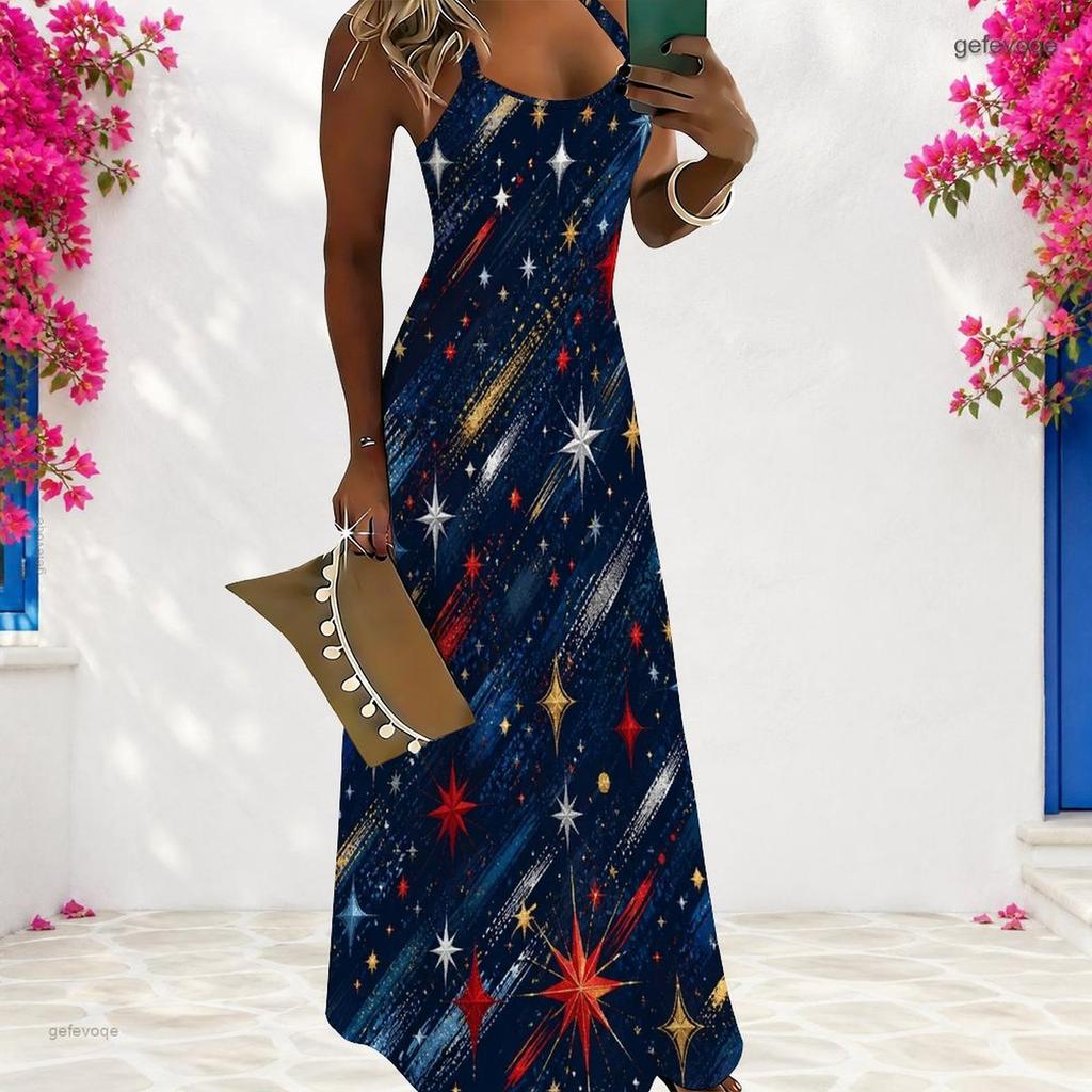 Women Plus Size Scoop Neck Strappy Sleeveless A Line White Red Printed Maxi Dress