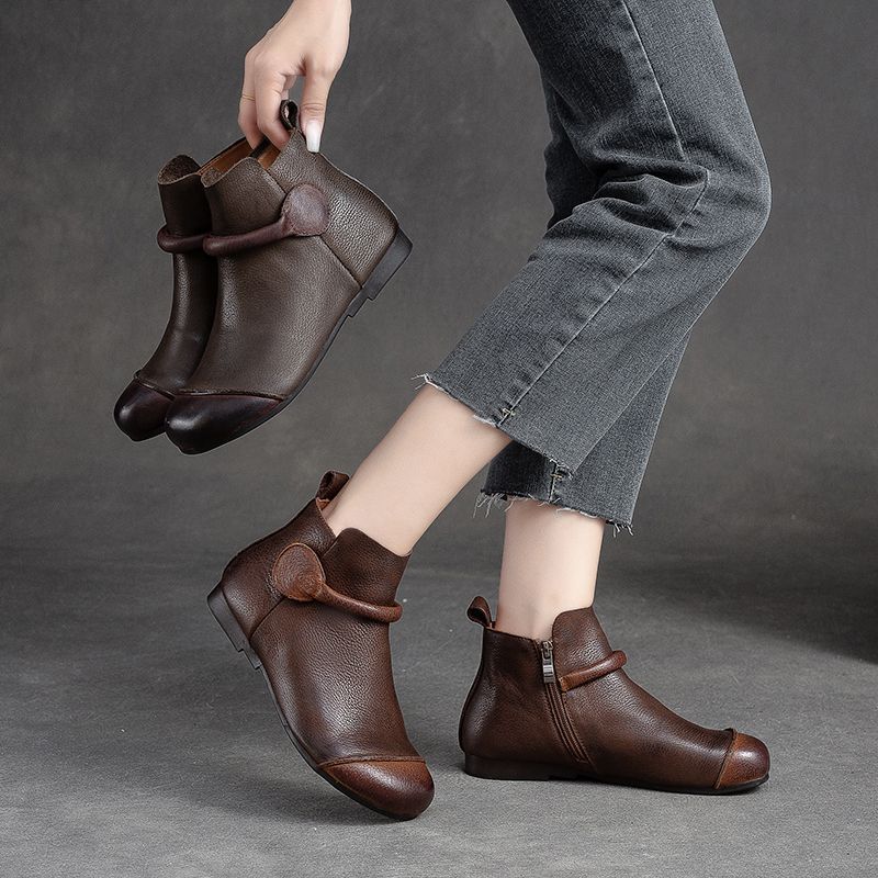 Autumn and Winter New Real Soft Leather Retro Style Female Mother Shoes Beef Tendon Soft Sole Round Head Versatile Short Boots Handmade Single Boots