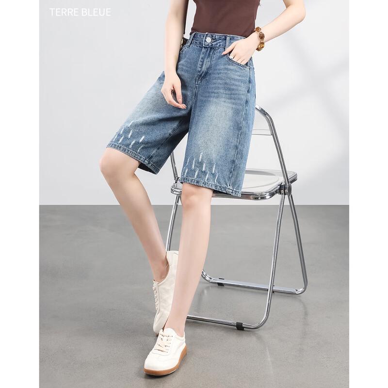 TERRE BLEUE Women s High-Waist Mid-Length Denim Shorts 26
